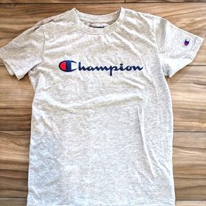 Youth large Champion tshirt. Gray with navy logo.